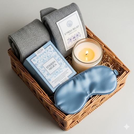 A beautifully arranged DIY stress relief gift basket containing a candle, tea, a sleep mask, and cozy socks.