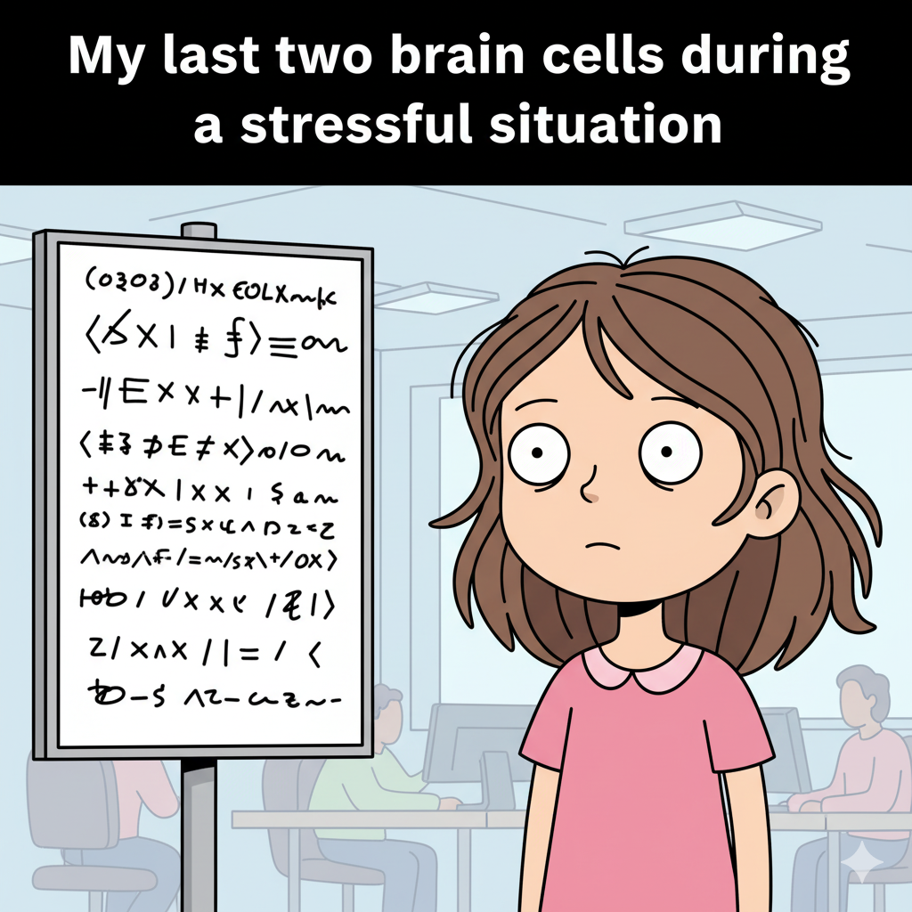 D.W. from Arthur staring blankly at a sign, captioned 'My last two brain cells'.