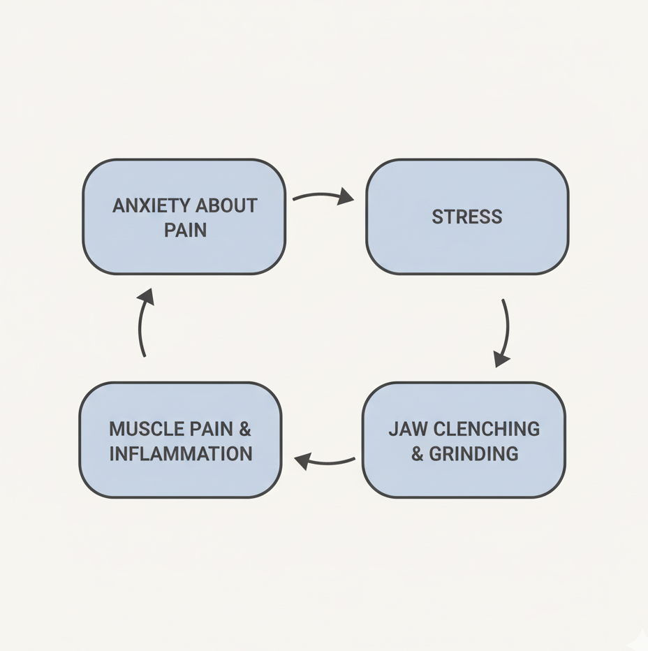 An illustration showing the vicious cycle of TMJ and stress, with arrows connecting 'Stress' to 'Jaw Clenching' to 'Pain' and back to 'Stress'.