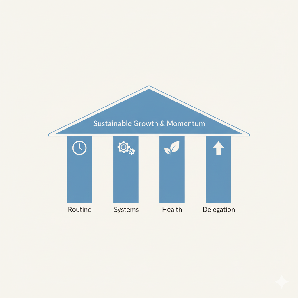A diagram showing the four pillars of Alex Charfen Stress Management system: Routine, Systems, Health, and Delegation.