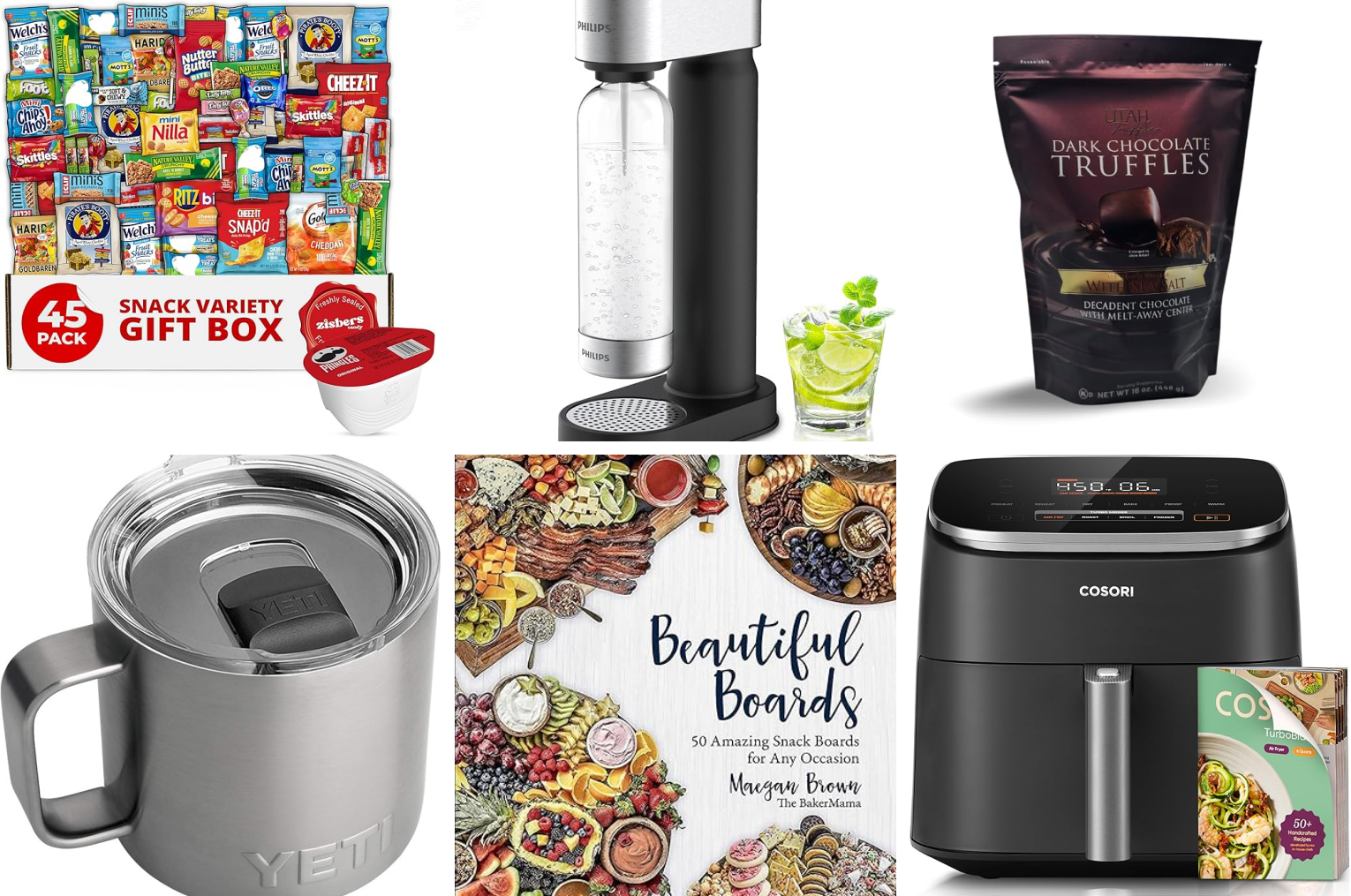 A collage of comfort gifts, including artisanal chocolate, a high-end mug, and a healthy snack box.