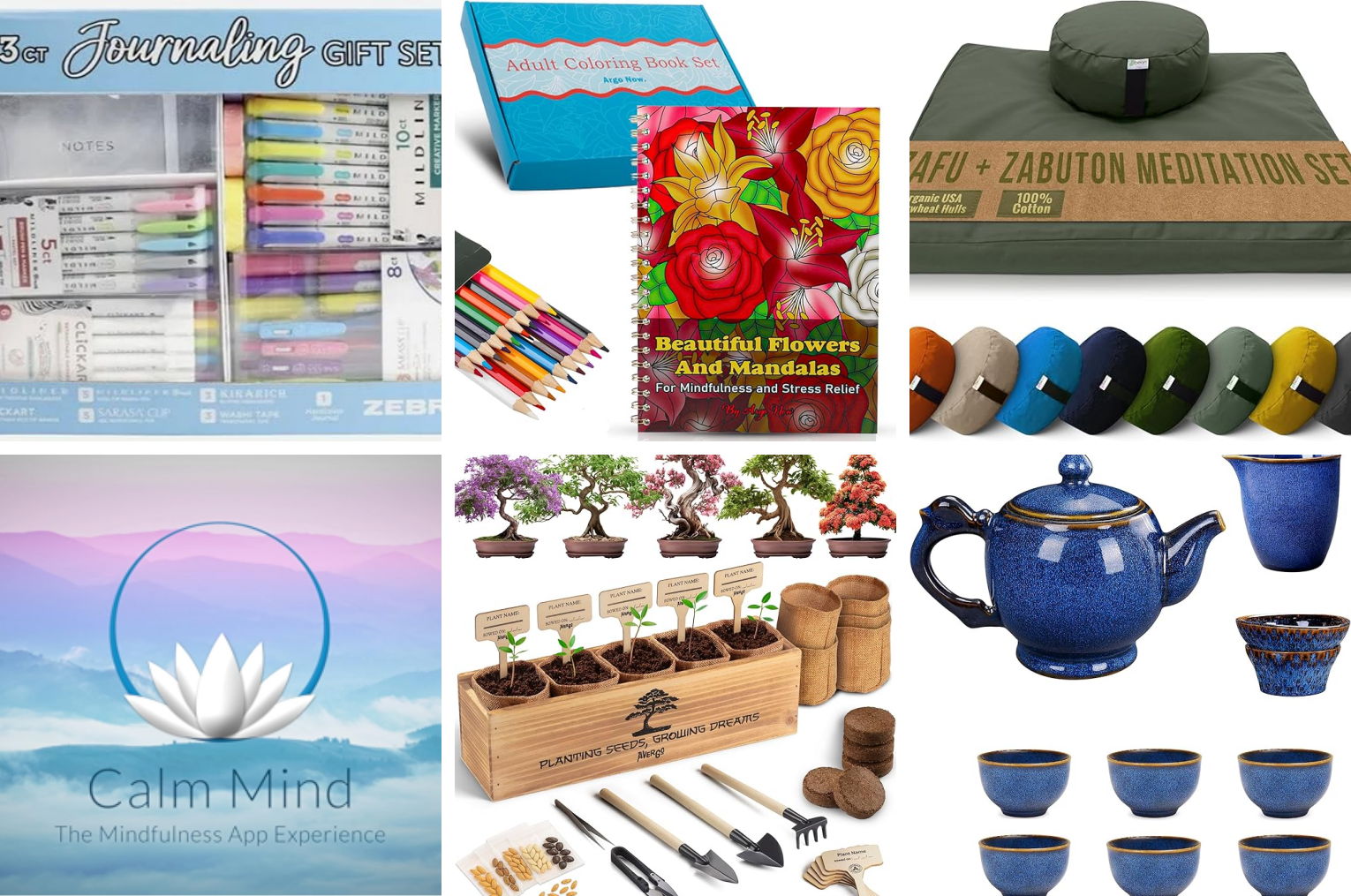 A collage of gifts for mindfulness, including a journal, an adult coloring book, and a tea set.