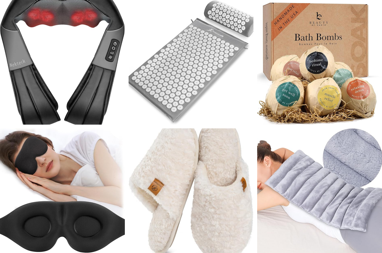 A collage of physical relaxation gifts, such as a neck massager, acupressure mat, and cozy slippers.
