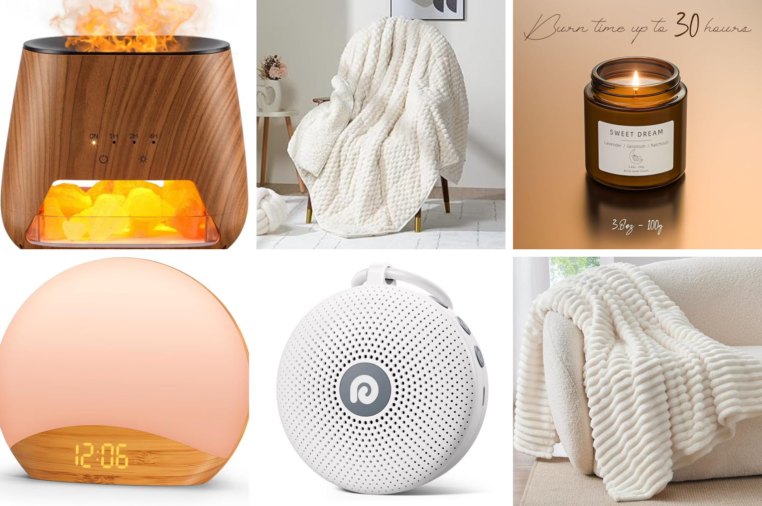 A collage of stress relief gifts for the home, including a diffuser, candle, and weighted blanket.