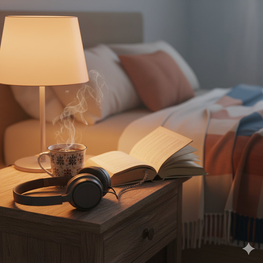 A cozy bedside table with a warm lamp, a cup of herbal tea, and a high-quality pair of headphones resting next to a book.