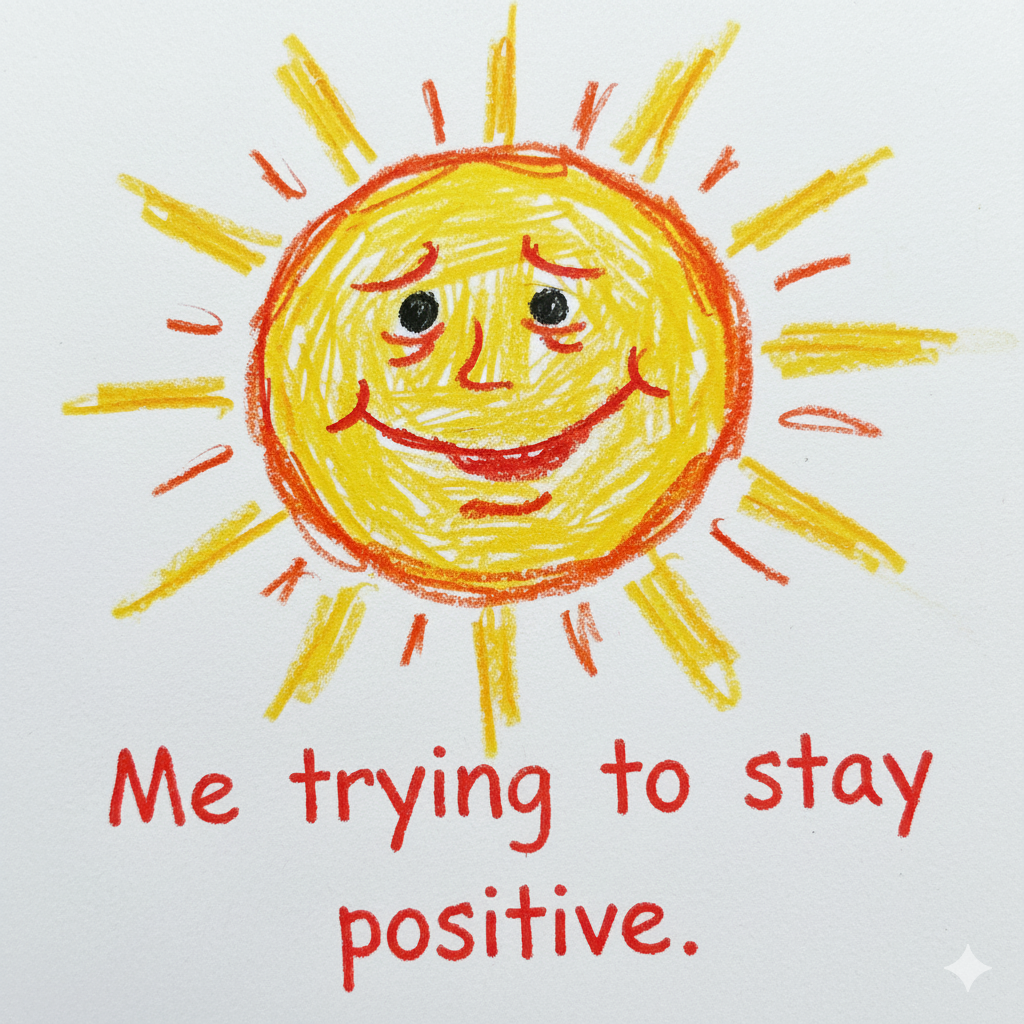 A child's drawing of a sun with a strained smile, captioned 'Me trying to stay positive'.