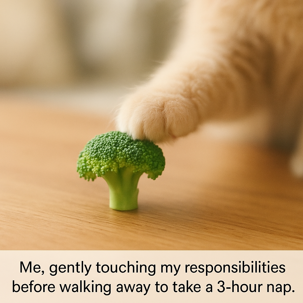 A cat patting a piece of broccoli, representing gently acknowledging responsibilities before avoiding them.