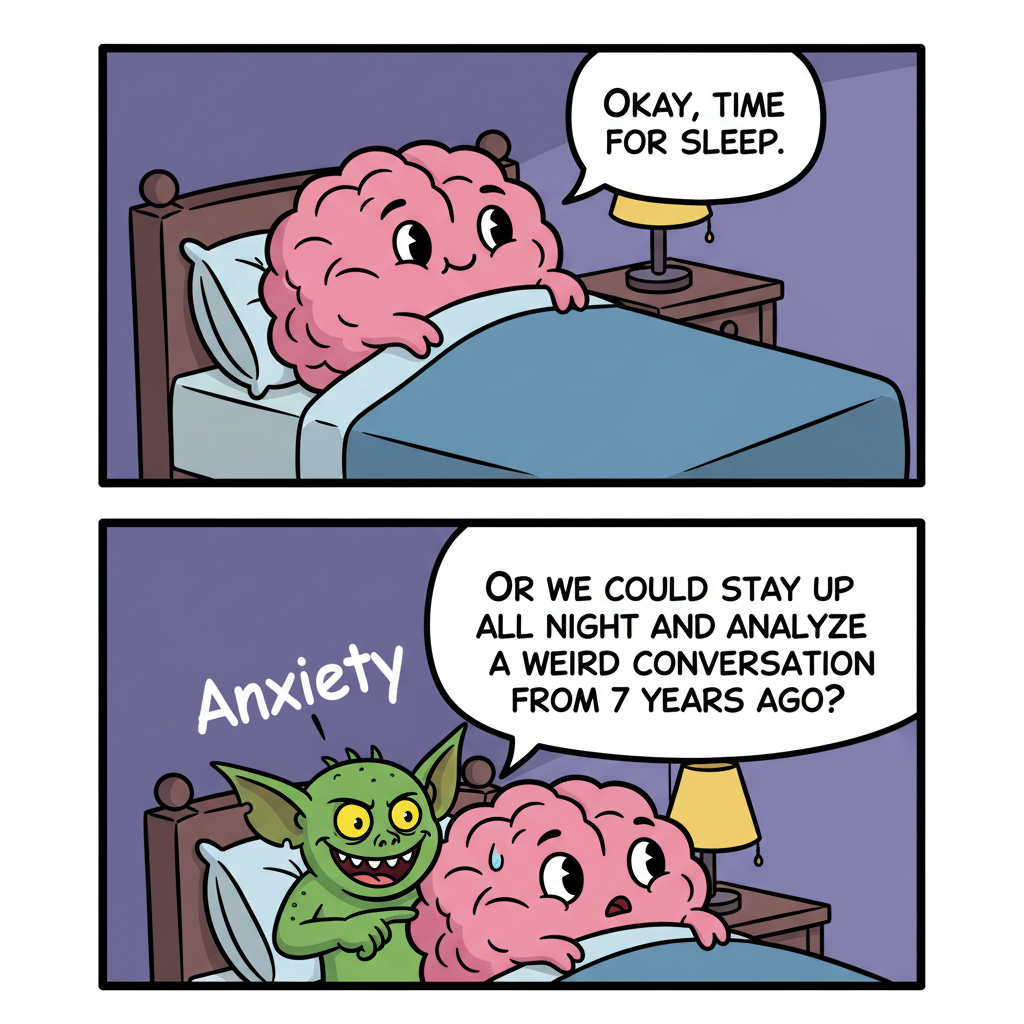 A brain comic where anxiety keeps the brain awake by remembering old awkward conversations.