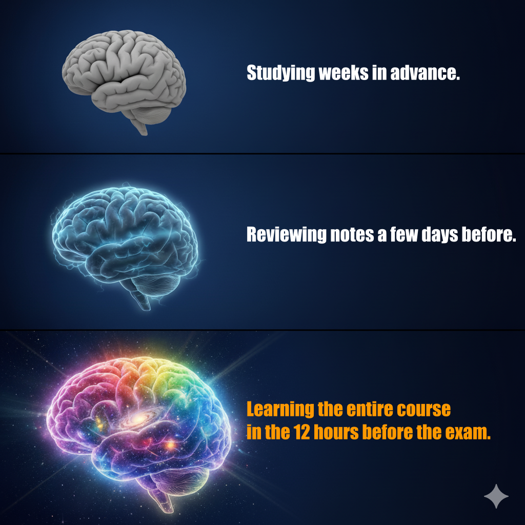 Galaxy brain meme about cramming for an exam at the last minute.
