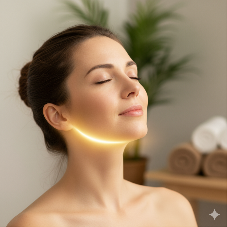 A woman with her eyes closed, looking serene and calm, with a soft, ethereal glow around her jawline to symbolize relief from TMJ pain and stress.