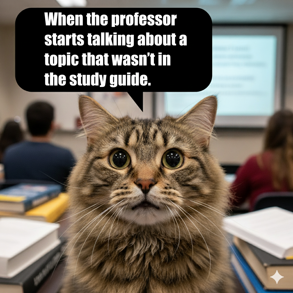 A scared cat meme for when a professor goes off the study guide.