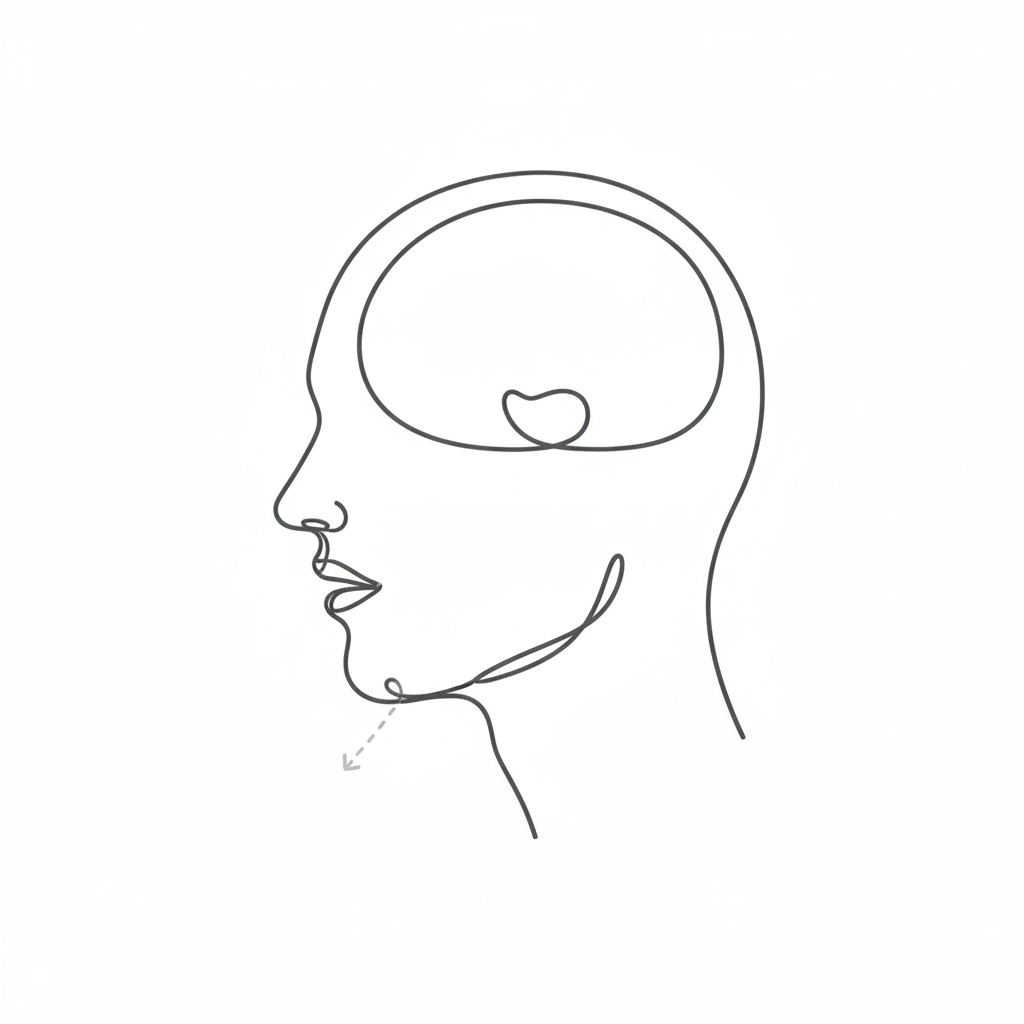 A simple line drawing illustrating a person performing a gentle jaw stretch by placing their tongue on the roof of their mouth and slowly opening their jaw.