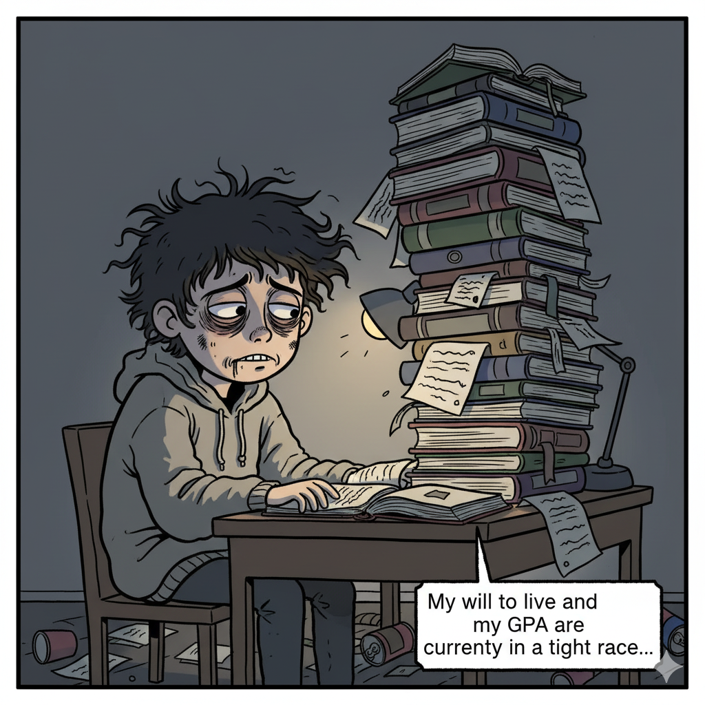 A stressed cartoon character surrounded by books, joking about their GPA and will to live.
