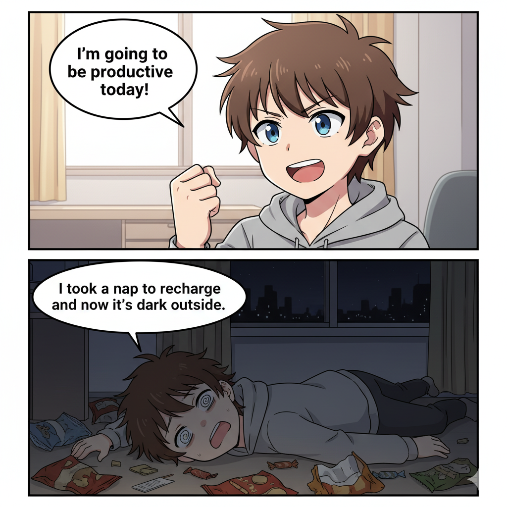 Two-panel anime meme about planning to be productive but taking a nap instead.