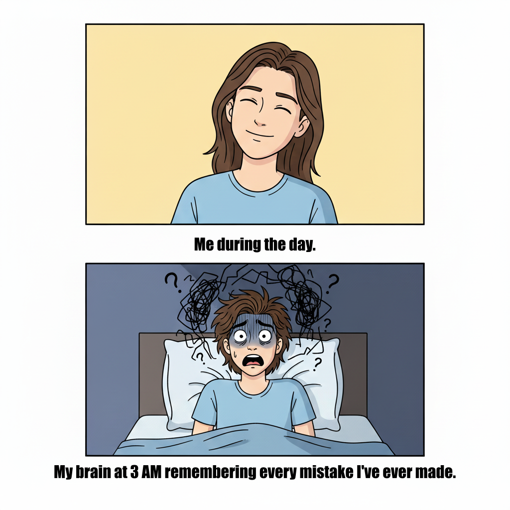 Two-panel meme showing a calm person during the day and an anxious person at night.