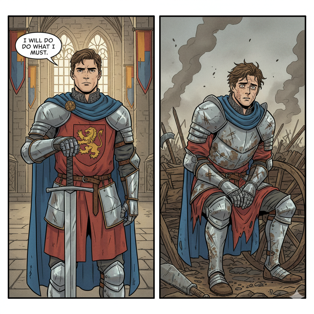 Split panel meme showing a calm man saying 'I will do what I must' and then a frazzled version of him five minutes later.