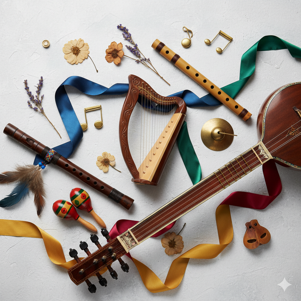 A beautifully arranged flat lay of various musical instruments from around the world, such as a Celtic harp, an Indian sitar, and a Japanese shakuhachi flute.