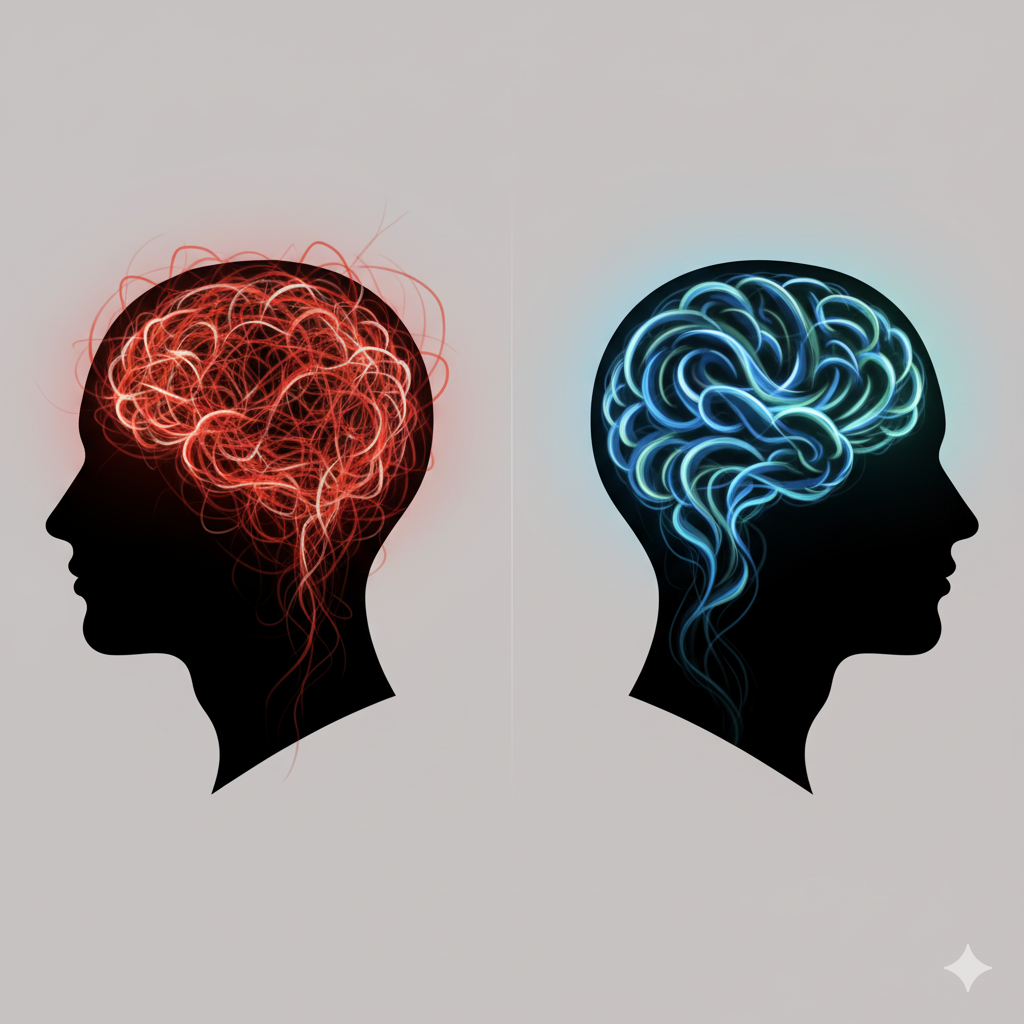 Abstract illustration showing two human head silhouettes. One is filled with chaotic, tangled red lines representing a stressed brain, while the other shows calm, organized blue waves representing a focused brain.