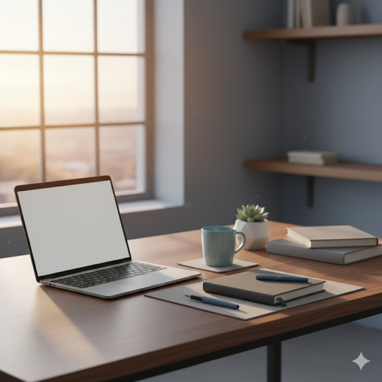 An entrepreneur's organized desk at sunrise, symbolizing a calm and focused start to the day.