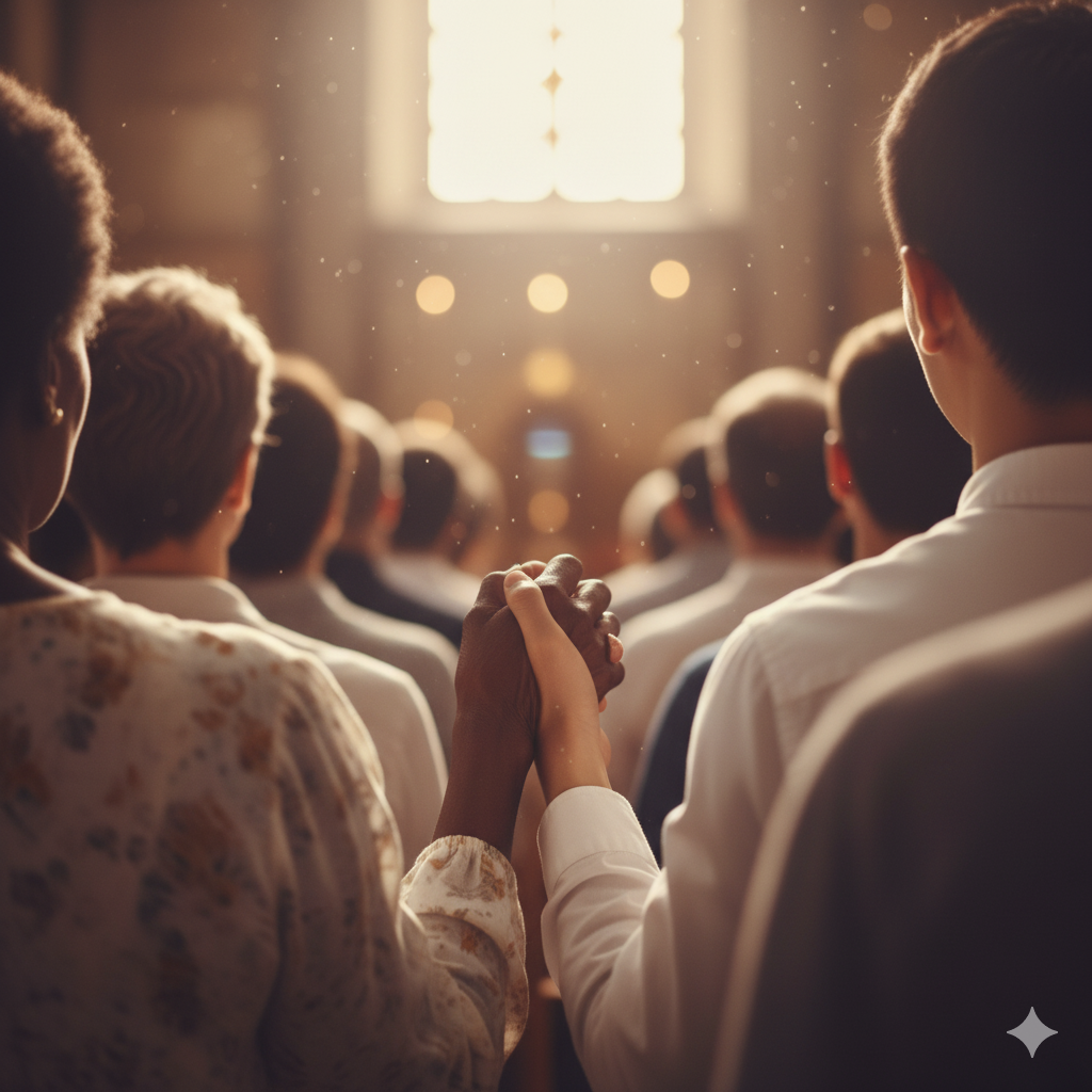 Congregation members shaking hands and exchanging the sign of peace during a church service.