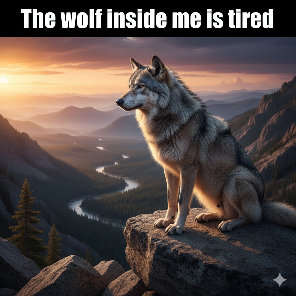 A majestic wolf with the text 'The wolf inside me is tired'.