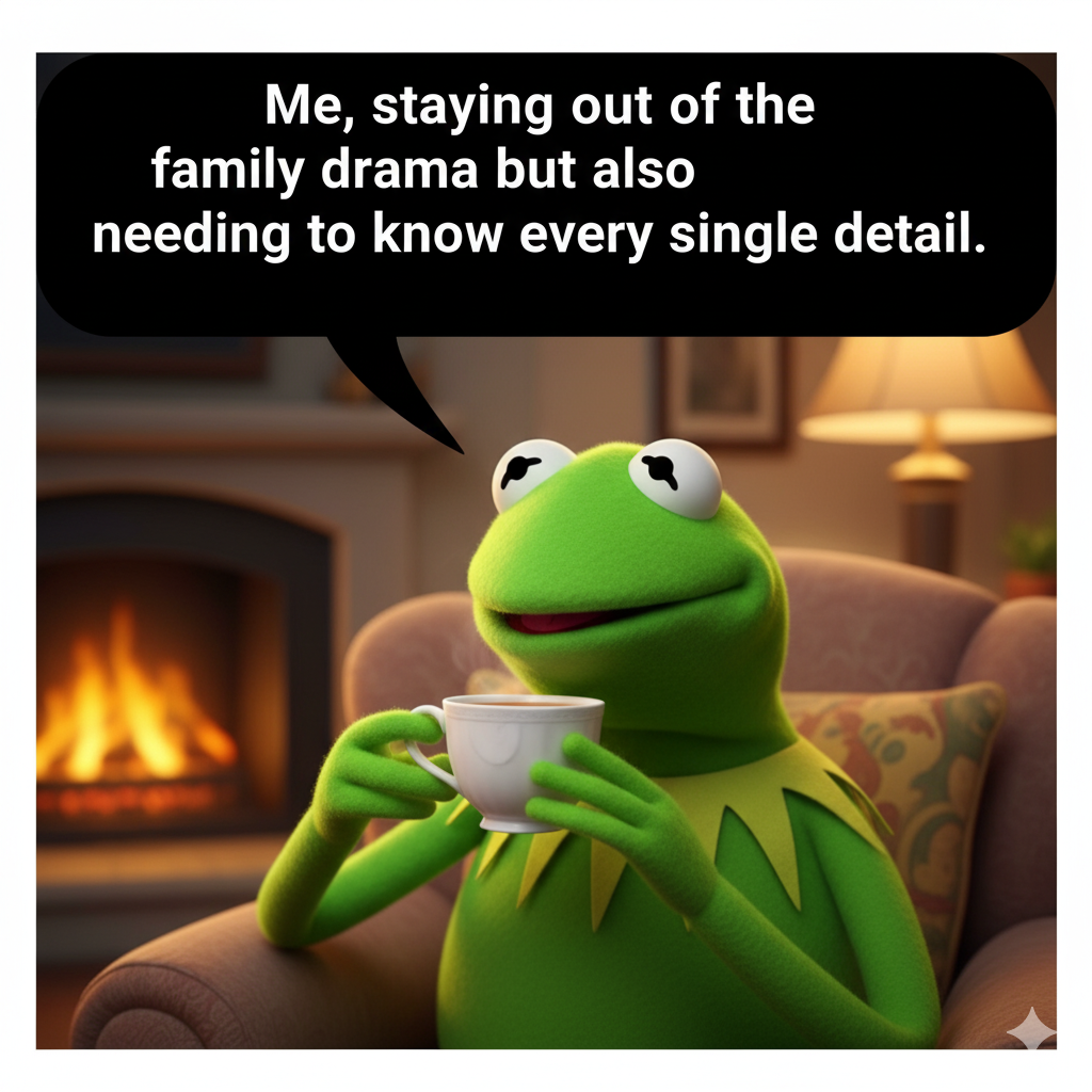 Kermit the Frog sipping tea, captioned about observing drama from a distance.