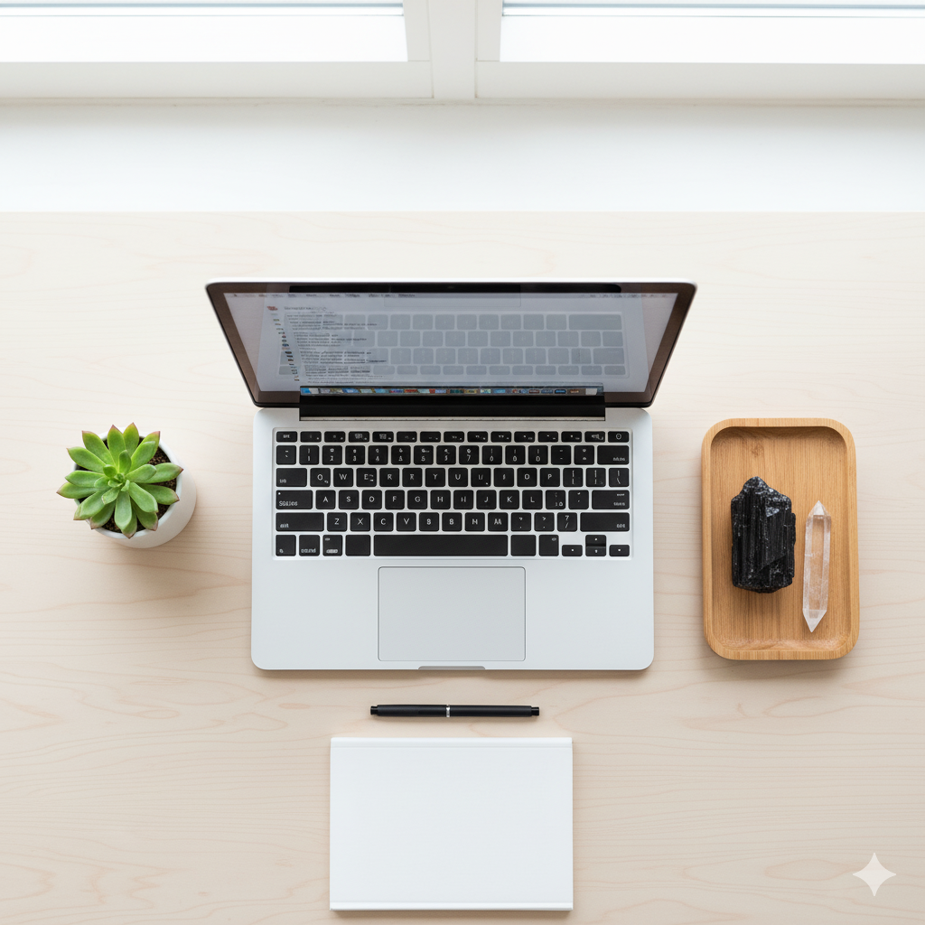 A minimalist work desk with a laptop, a small plant, and a set of crystals for stress relief including Black Tourmaline and Clear Quartz.