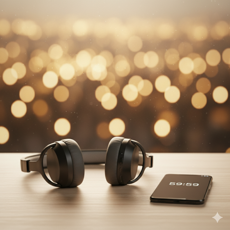 A pair of elegant headphones resting next to a smartphone displaying a timer on its screen, set against a soft-focus, serene background with warm light.