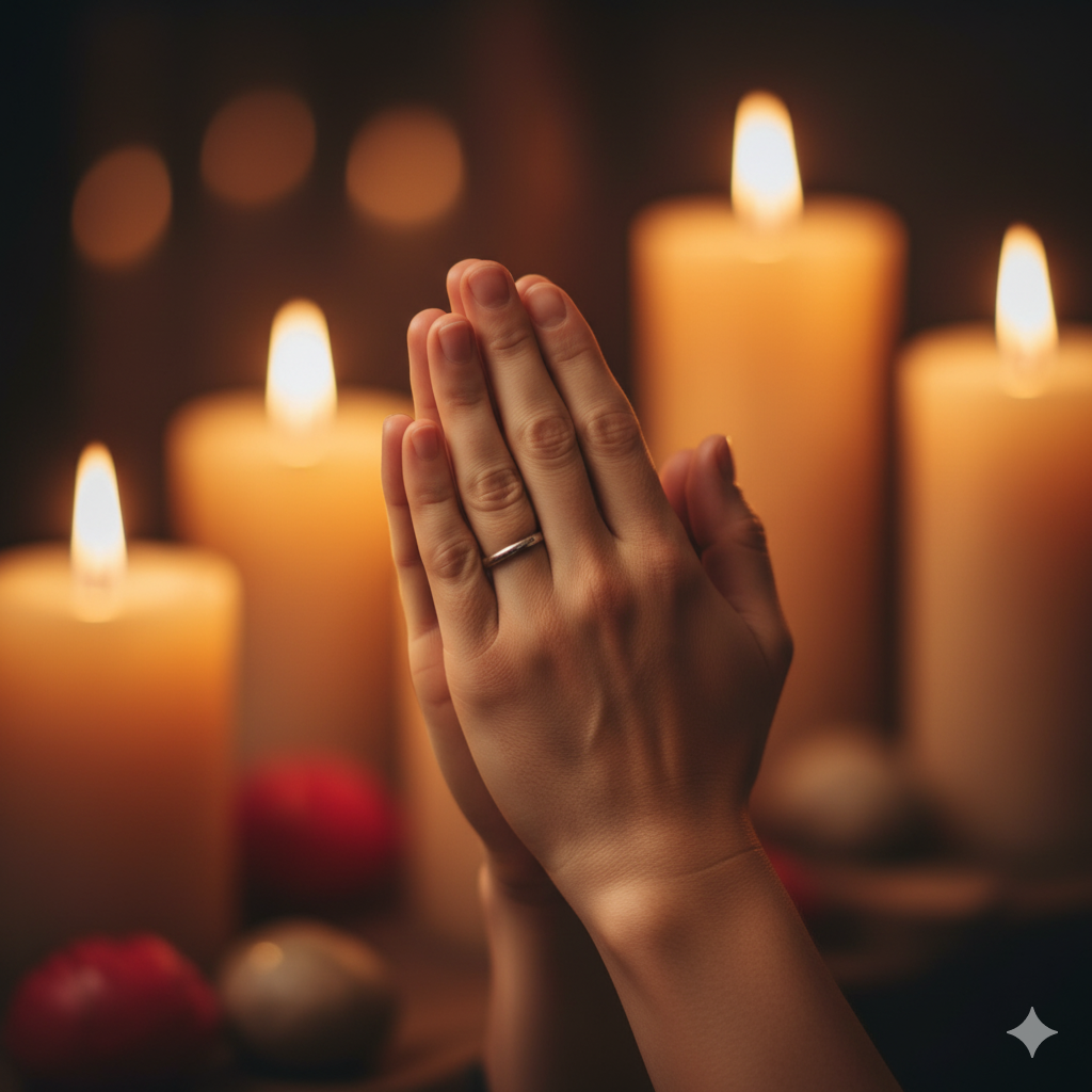 A person praying quietly for peace of mind with candles in the background.