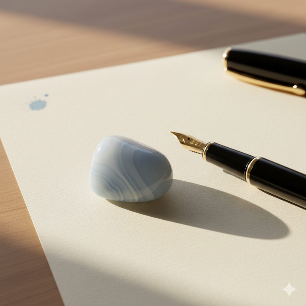 A polished blue lace agate stone with delicate bands of blue and white, resting next to a fountain pen.