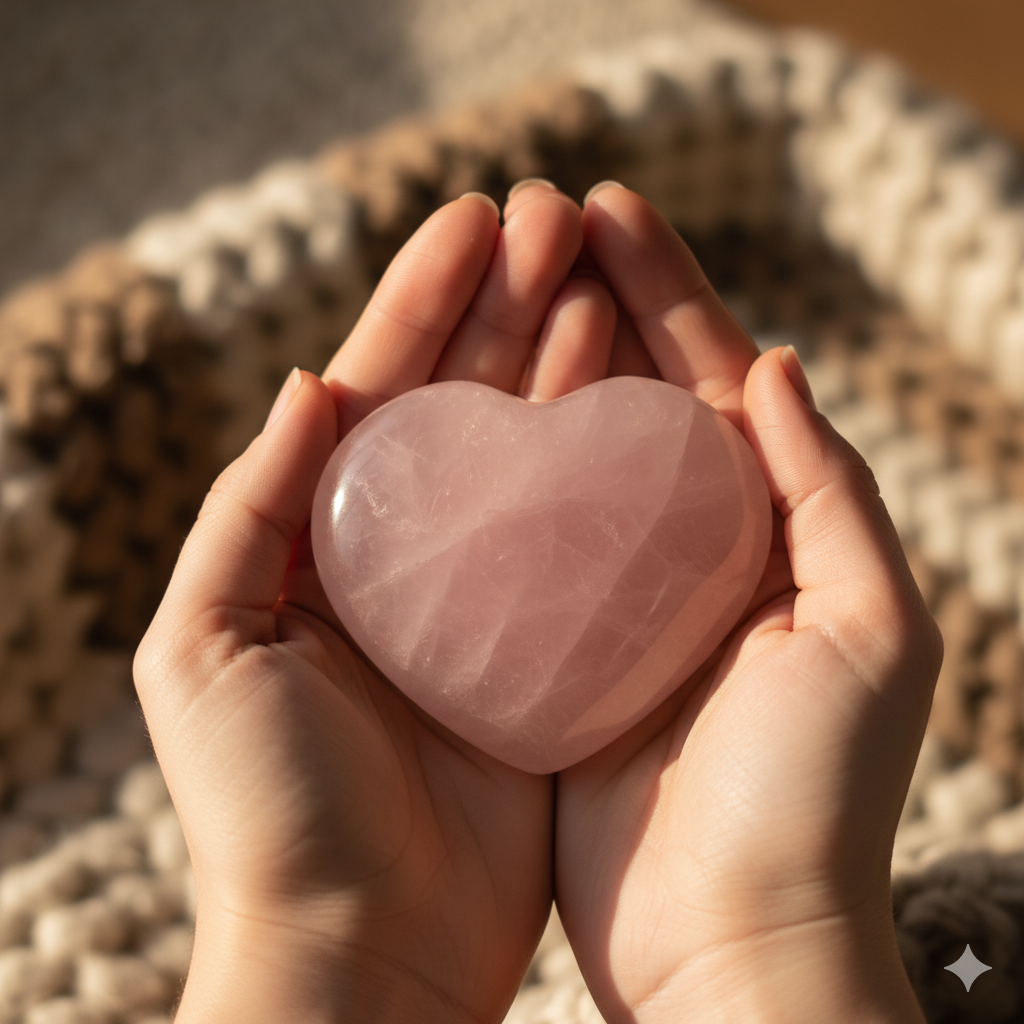 A person's hands gently cupping a smooth, heart-shaped rose quartz crystal.