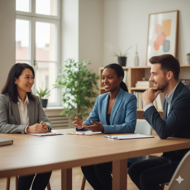 A confident and prepared job candidate smiling calmly during an interview with two recruiters.