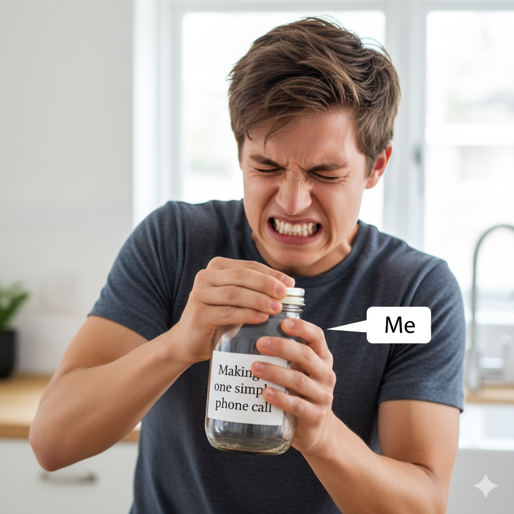 Meme showing a person struggling to open a jar, representing the difficulty of making a phone call.