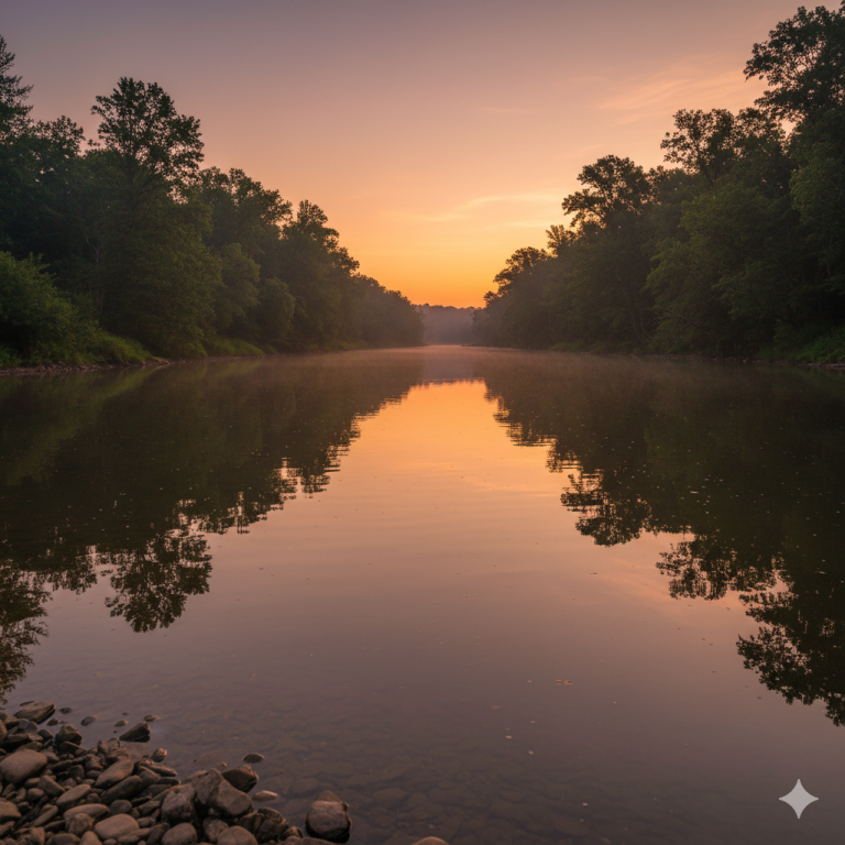 A beautiful, serene river flowing gently through a calm forest, representing the hymn "When Peace Like a River"
