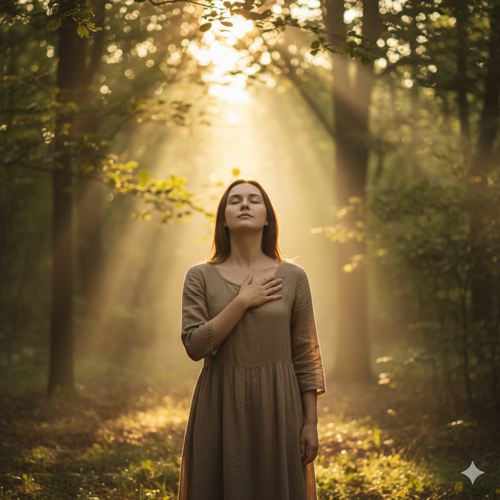 Person meditating outdoors as a form of prayerful stress relief.
