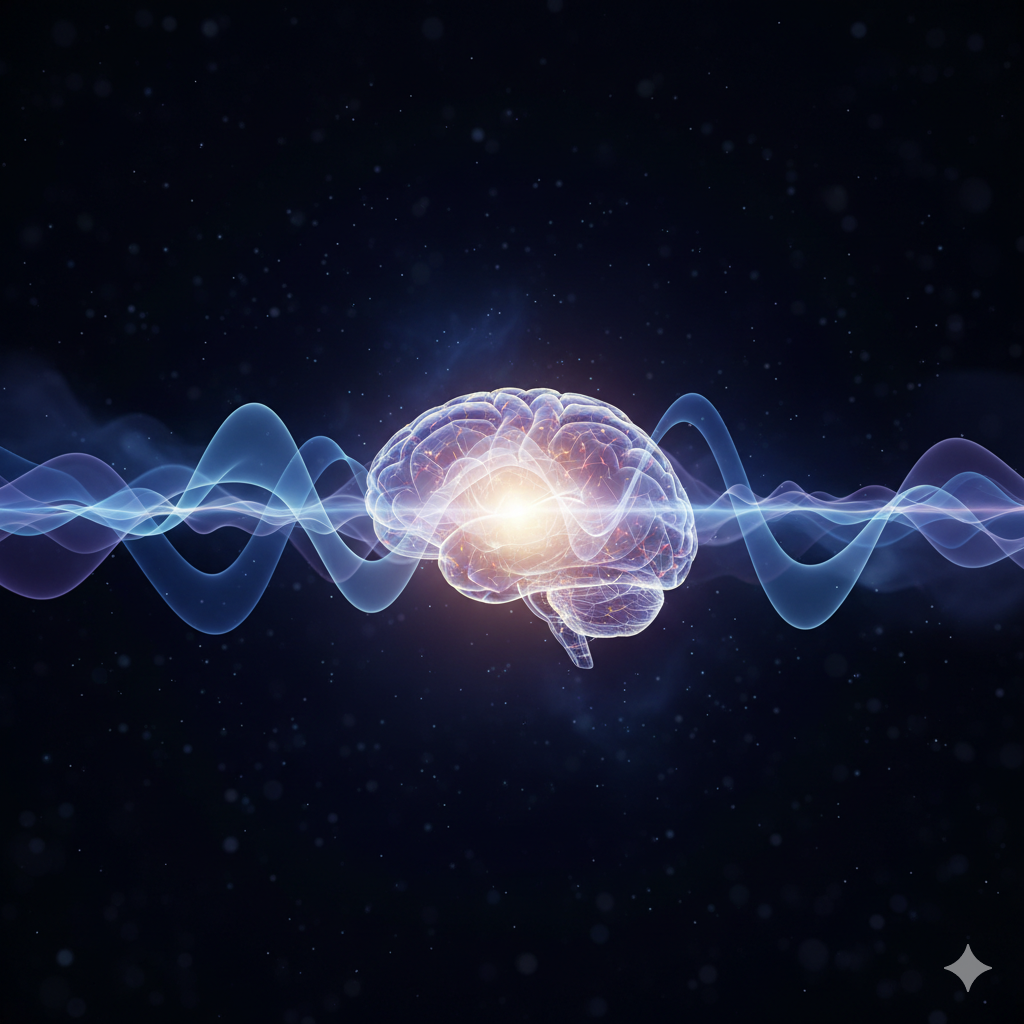An abstract visualization of how Relaxing Music for Sleep creates sound waves that interact with a serene, sleeping brain.