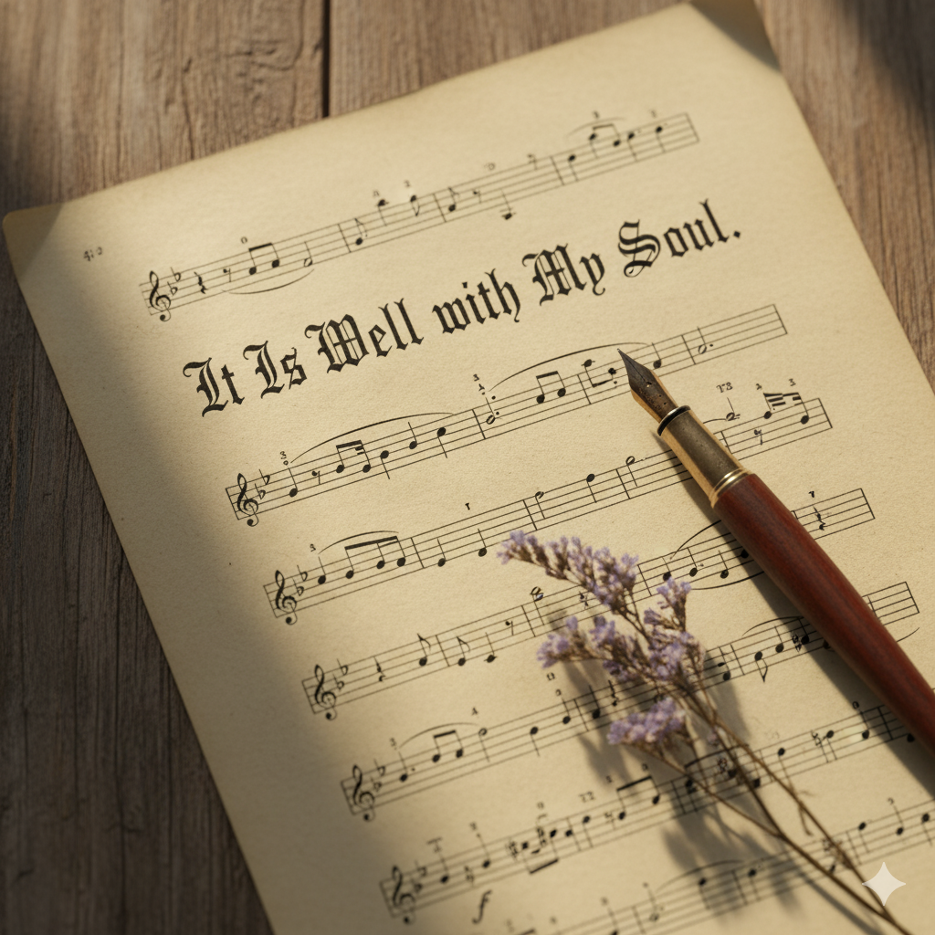 Vintage sheet music for the hymn It Is Well with My Soul, showing its historical origins.