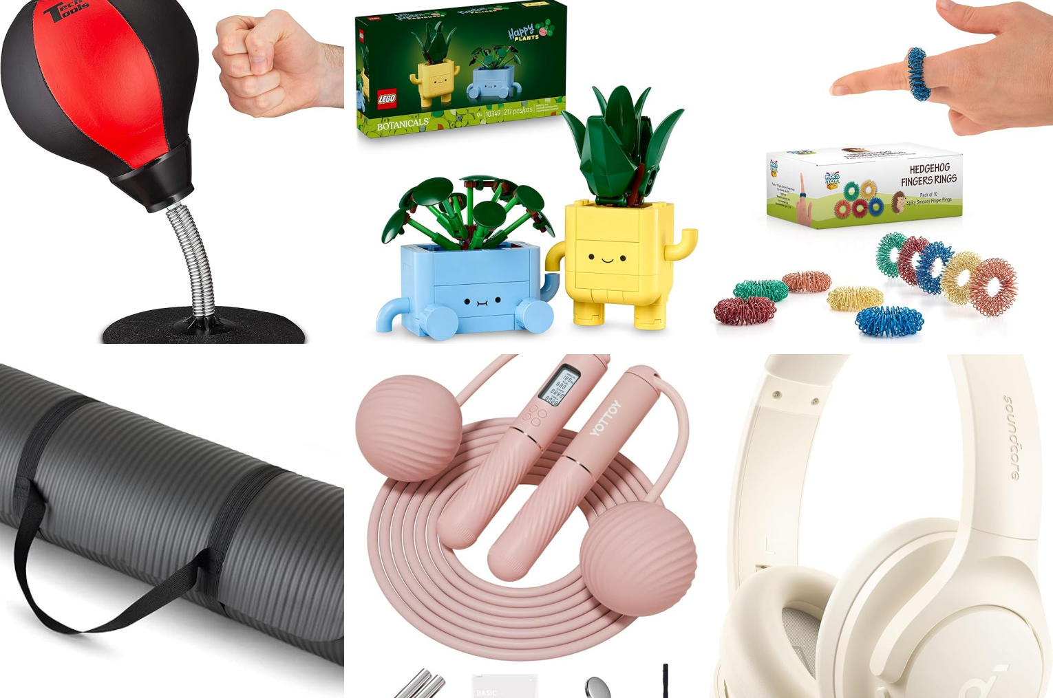 A collage of gifts for creative energy, featuring a LEGO set, a yoga mat, and noise-cancelling headphones.
