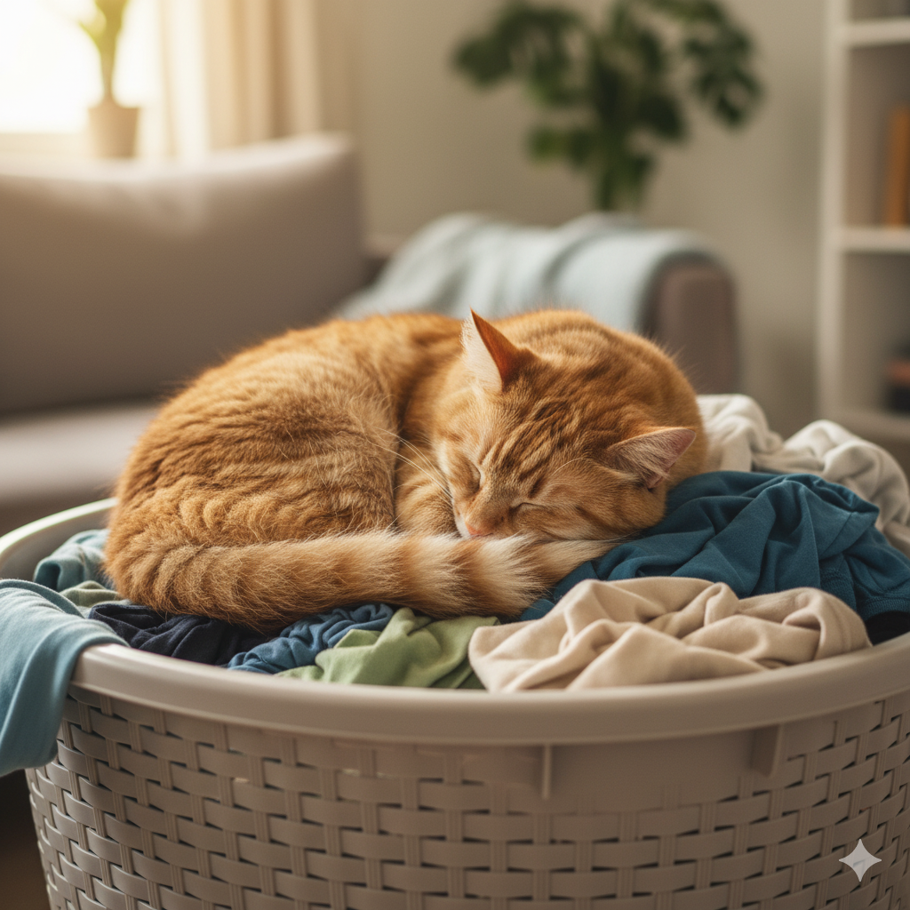 A cat sleeping in a laundry basket, joking about not putting clothes away.