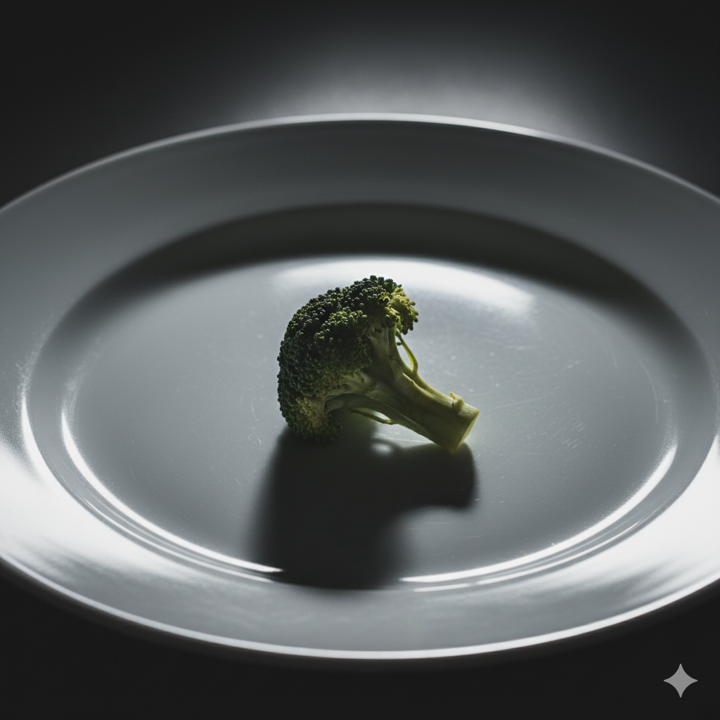 A single sad piece of broccoli on a large plate, representing a lazy dinner choice.