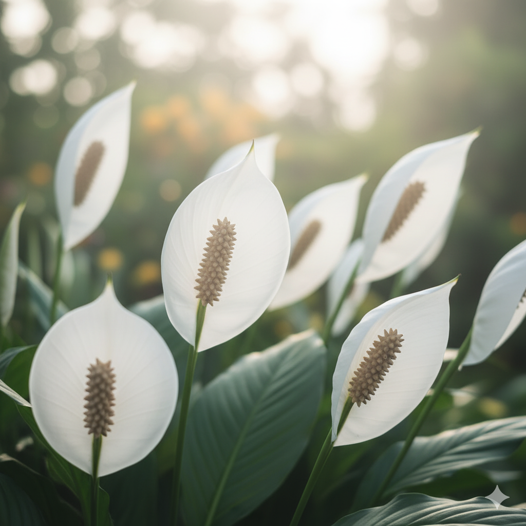 Peace lilies symbolizing calmness and purity in prayer.
