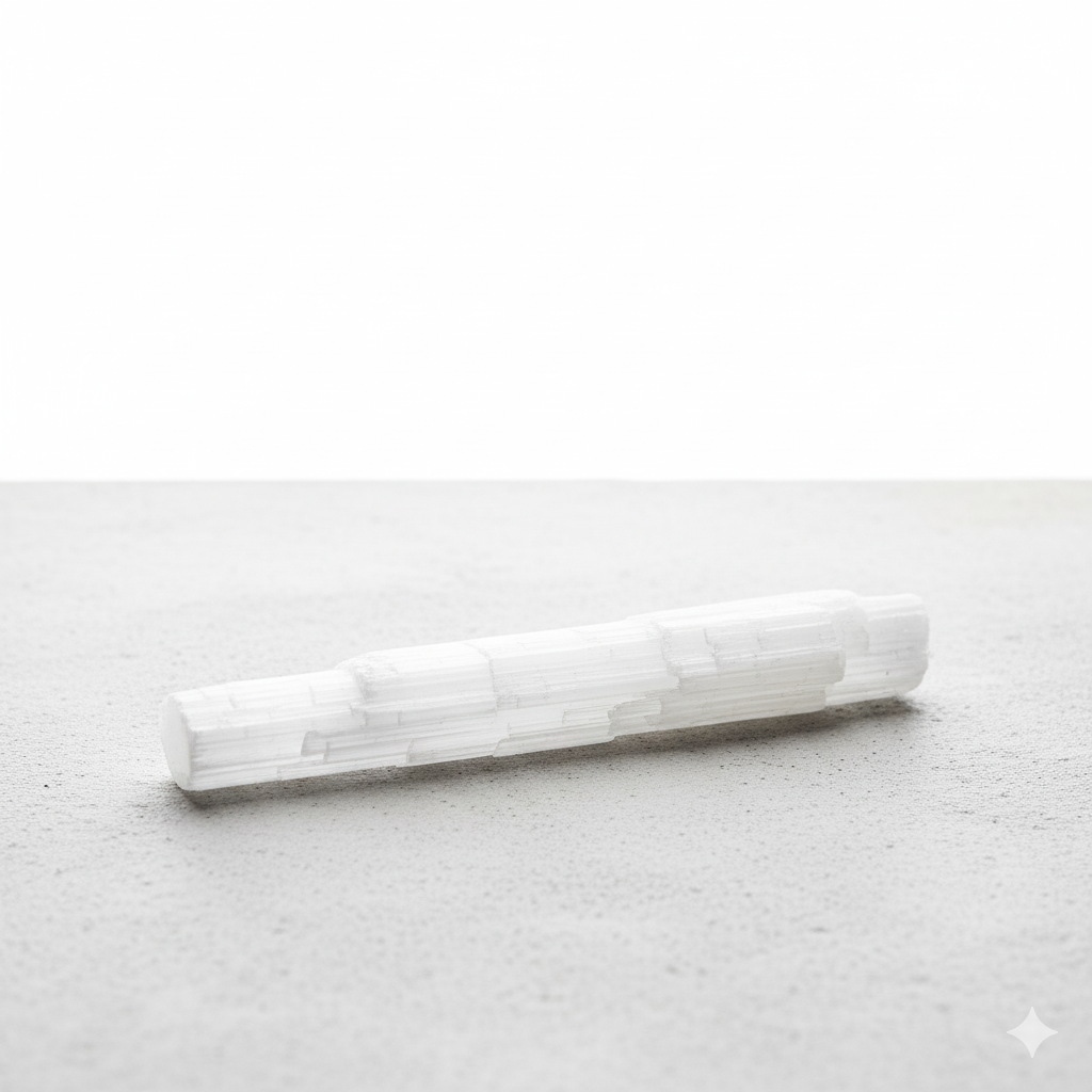 An ethereal white selenite wand glowing softly on a light gray, minimalist background.