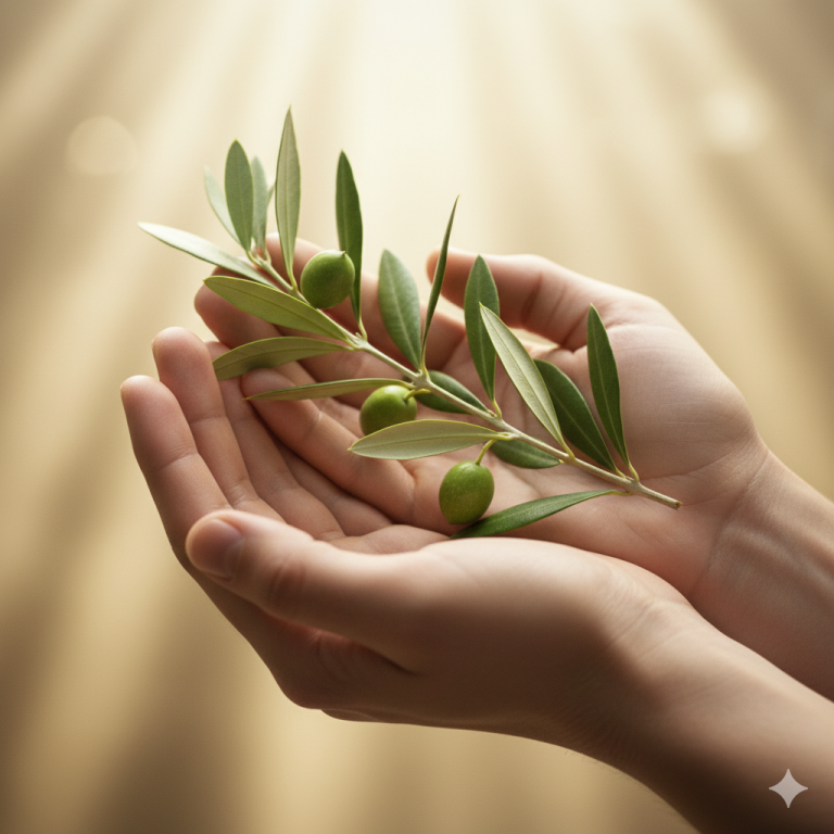A pair of hands gently holding a single, delicate olive branch against a soft, serene background, symbolizing peace.