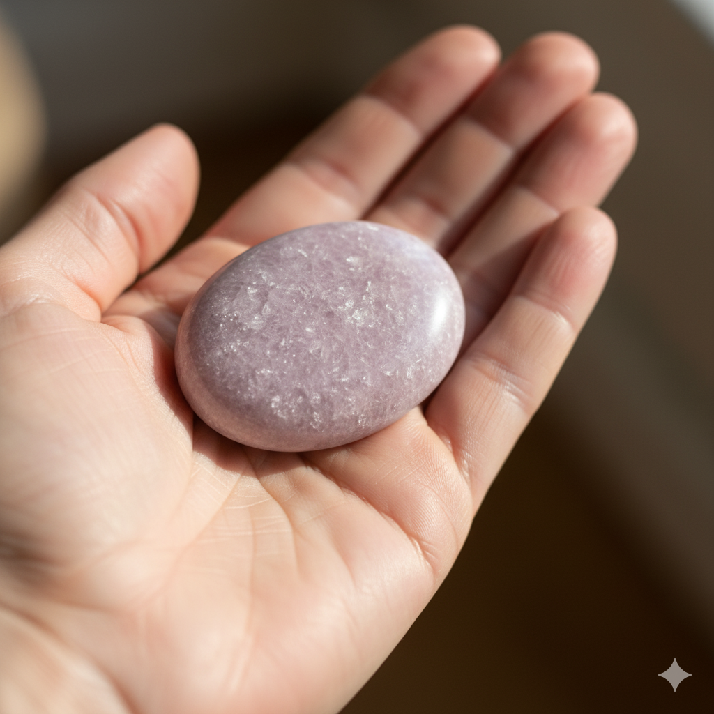 A close-up of a hand holding a smooth, lilac-colored lepidolite worry stone with silvery flecks.