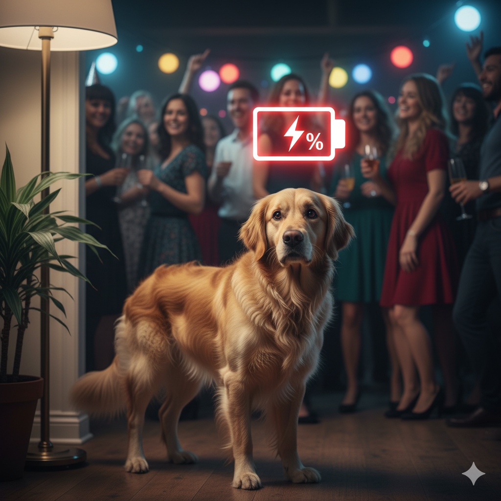 An awkward golden retriever at a party representing a drained social battery.