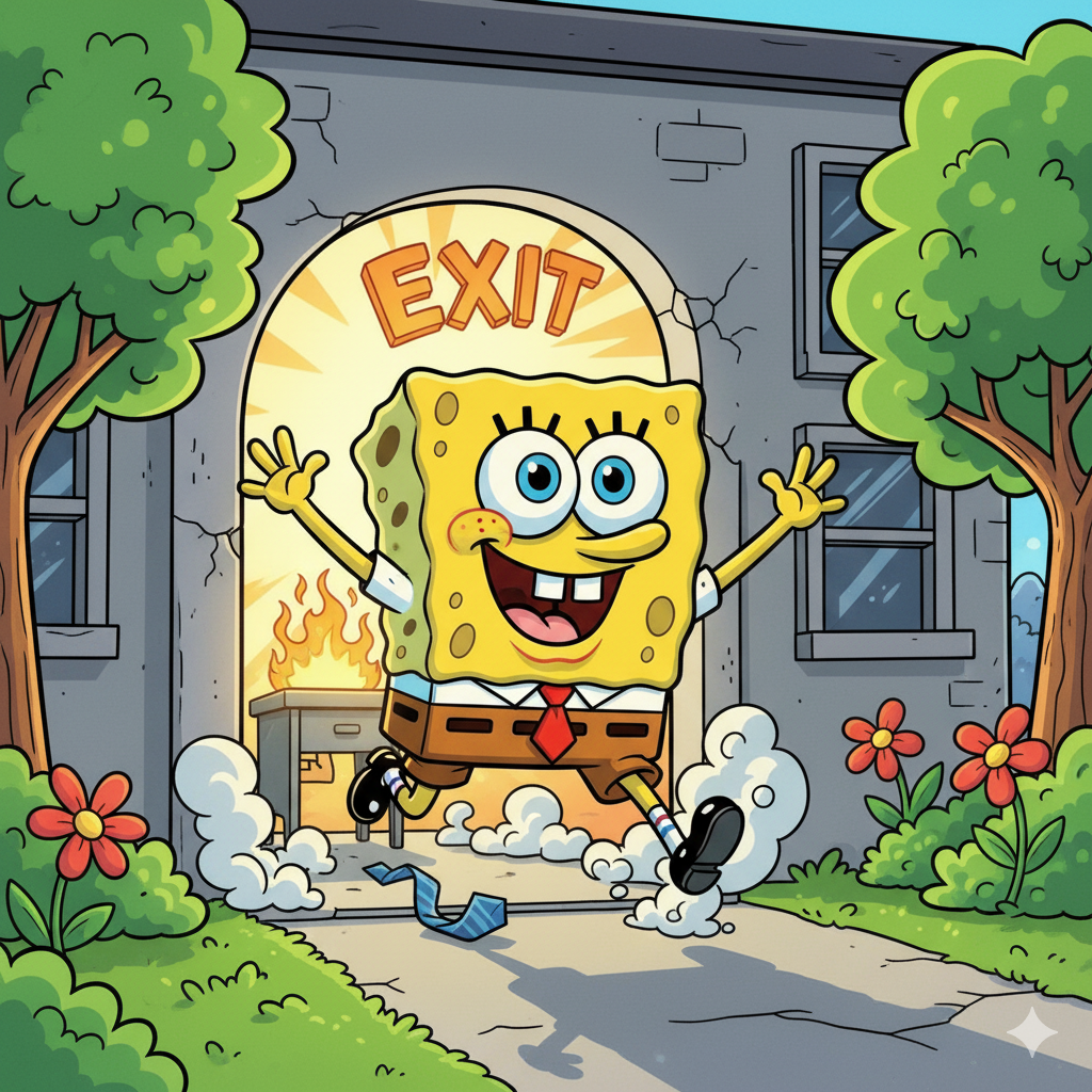 SpongeBob SquarePants running happily out of the Krusty Krab, captioned 'Me leaving the office on Friday'.