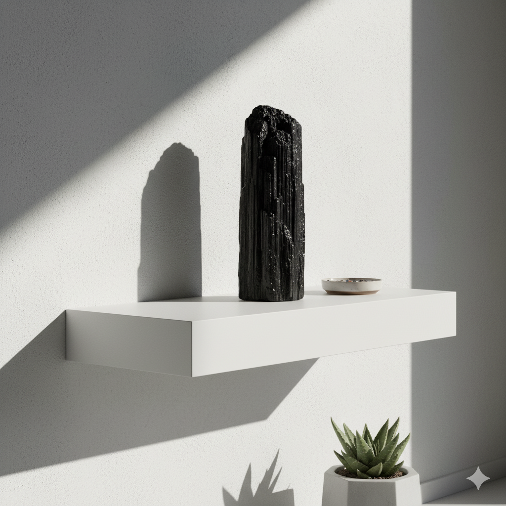 A raw black tourmaline log standing vertically on a white shelf near a modern home's entryway.