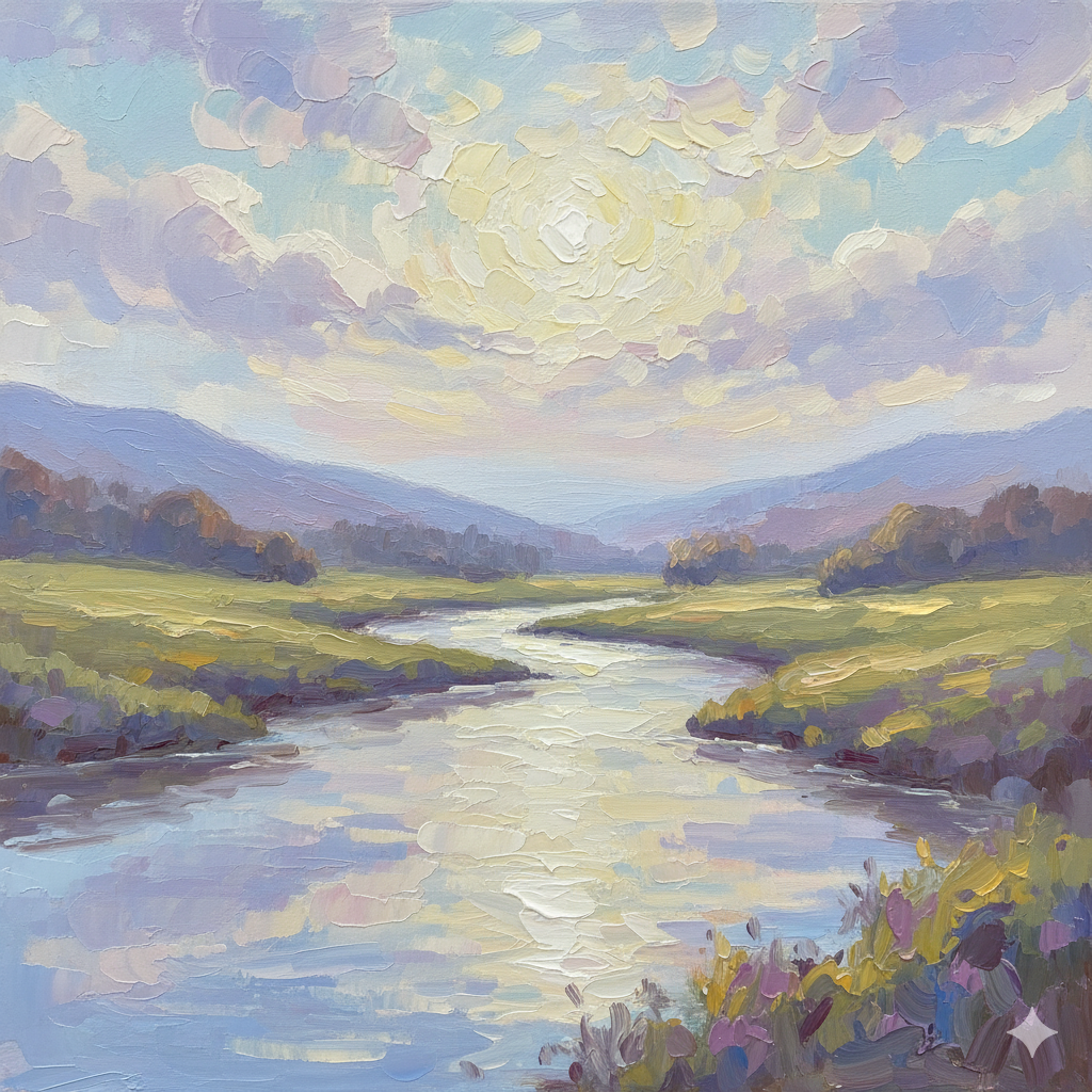 A tranquil, flowing river at sunset, symbolizing the meaning of the hymn When Peace Like a River.