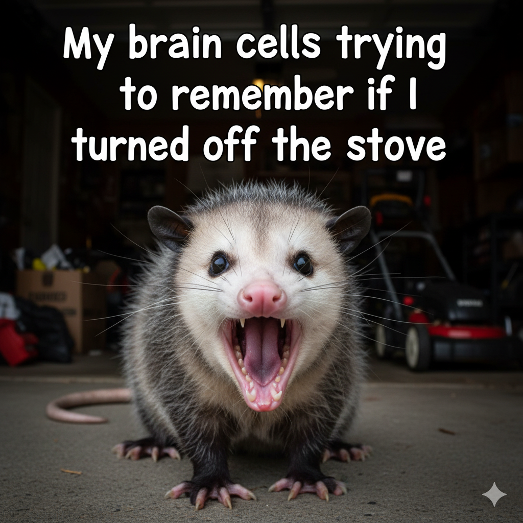 A screaming opossum meme representing the panic of forgetting to turn off the stove.