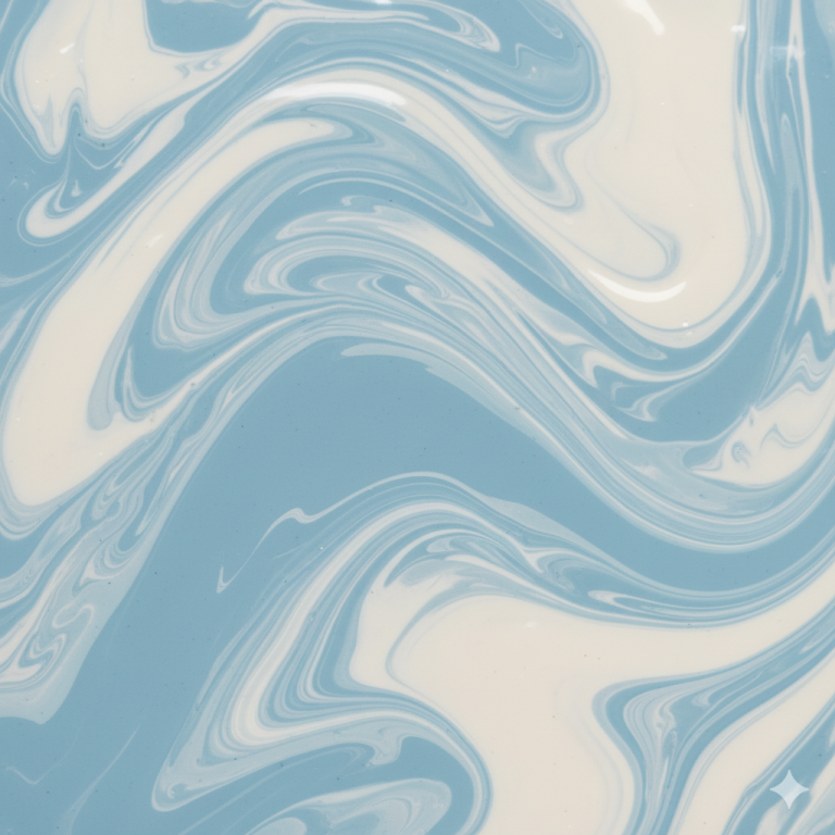 An act of pleasant stress relief featuring a mesmerizing swirl of thick white and soft blue acrylic paints being mixed, representing a visually satisfying experience.